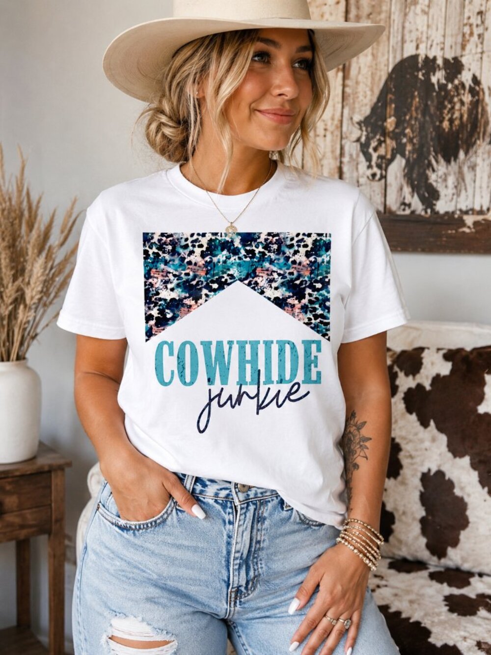 Cowhide Junkie Western Graphic T Shirt Trendy Boutique Style Tee Womens White